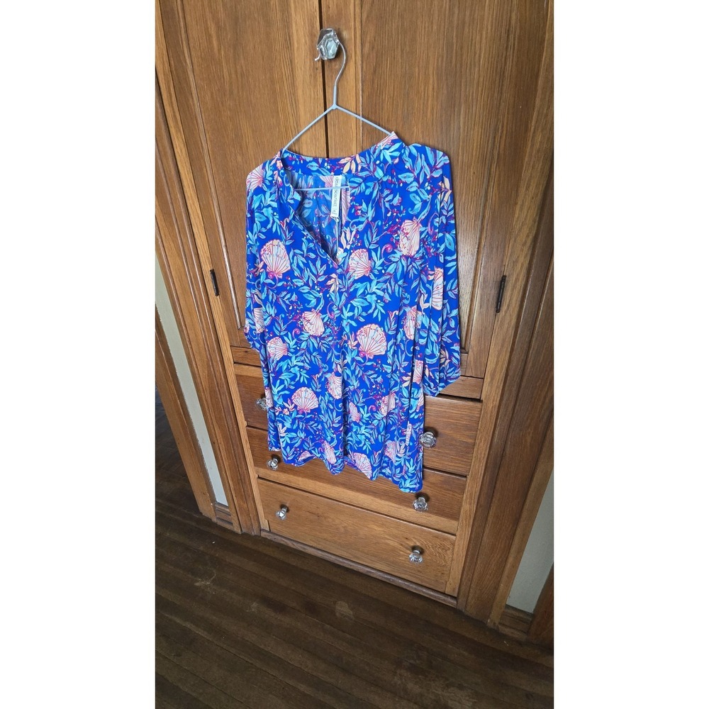 Dear Scarlett Blue Seashell Bulgari Knit V Neck Top XL NWT Short Sleeve Blouse - Picture 2 of 5